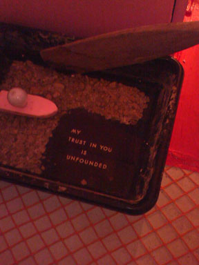 detail photograph of Zach Cahill's sculpture installation Pink City (2007), a suitcase with stones and paddle with a sign that reads My trust in you is unfounded