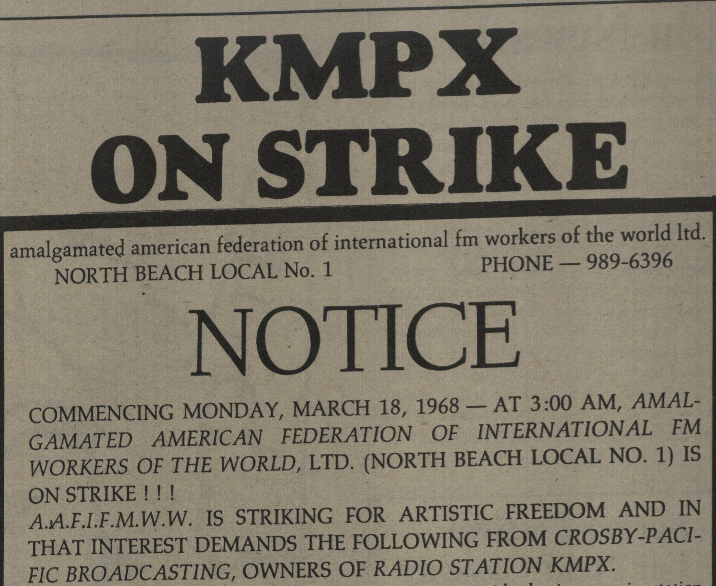 KMPX On Strike SF Express Times 21 March 1968